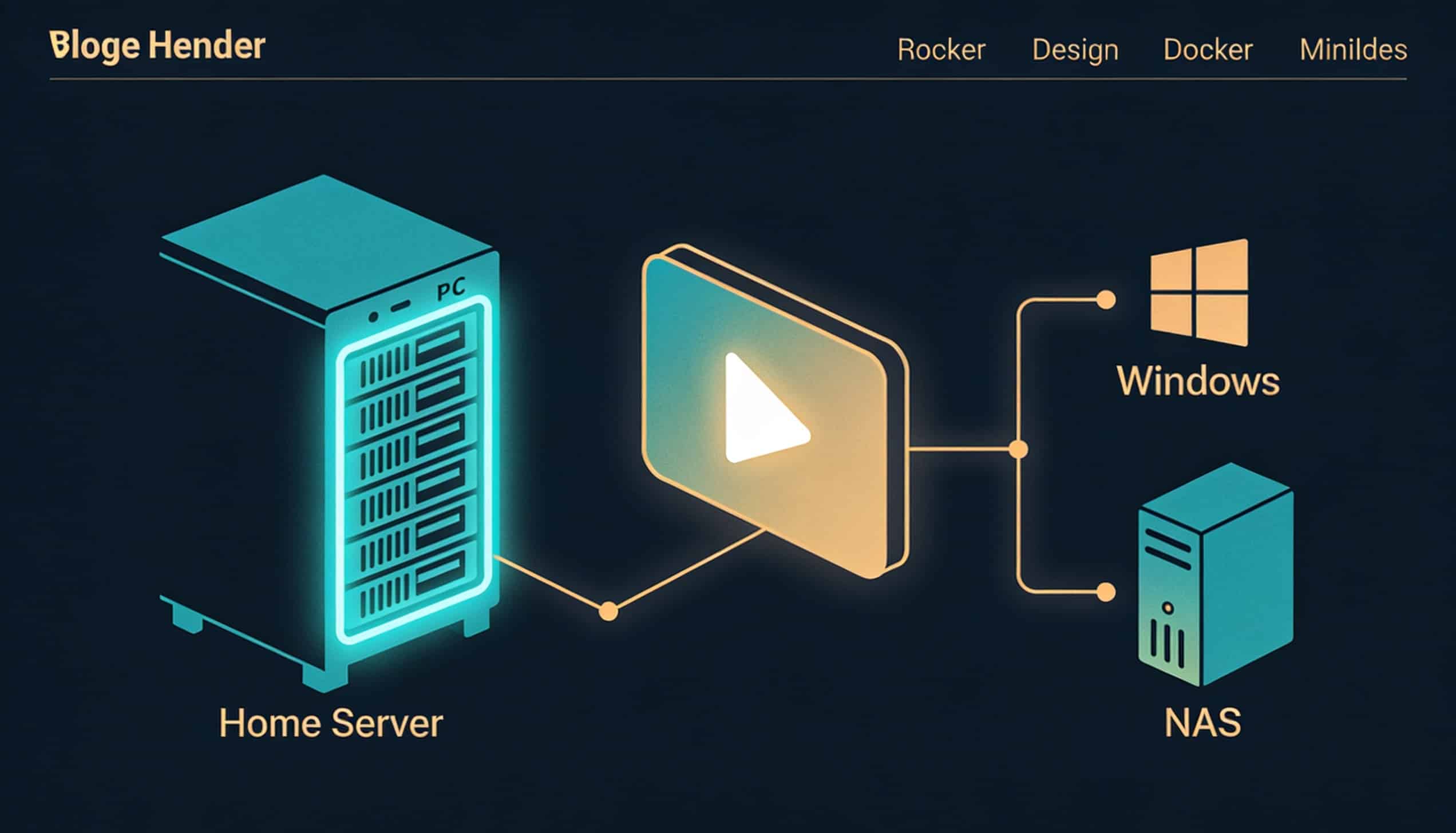 Illustration d'un serveur Jellyfin avec icônes Docker, Windows et NAS