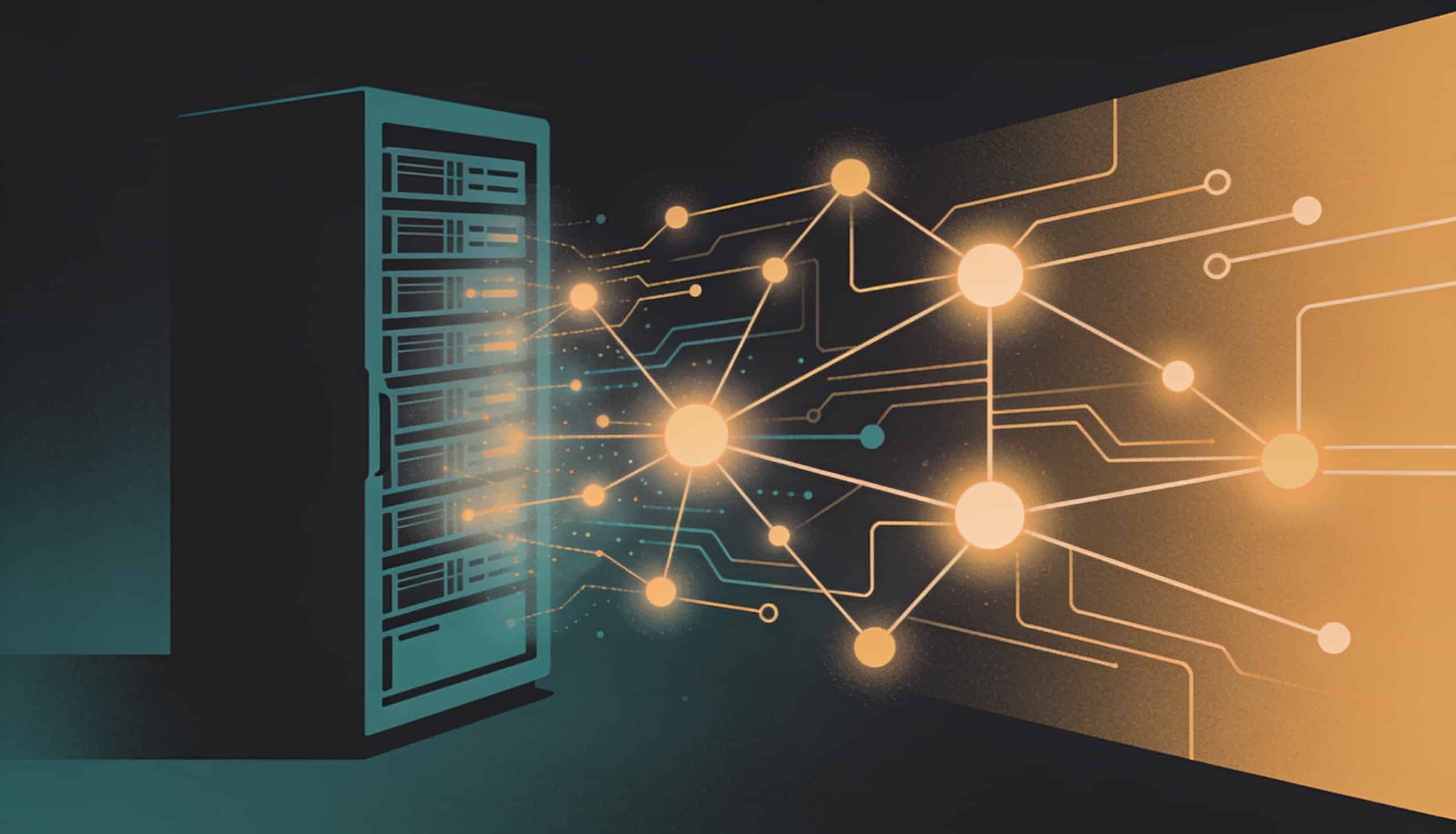 Illustration abstraite d'un rack de serveur homelab se transformant en réseau de neurones, palette teal et ambre, représentant l'IA auto-hébergée