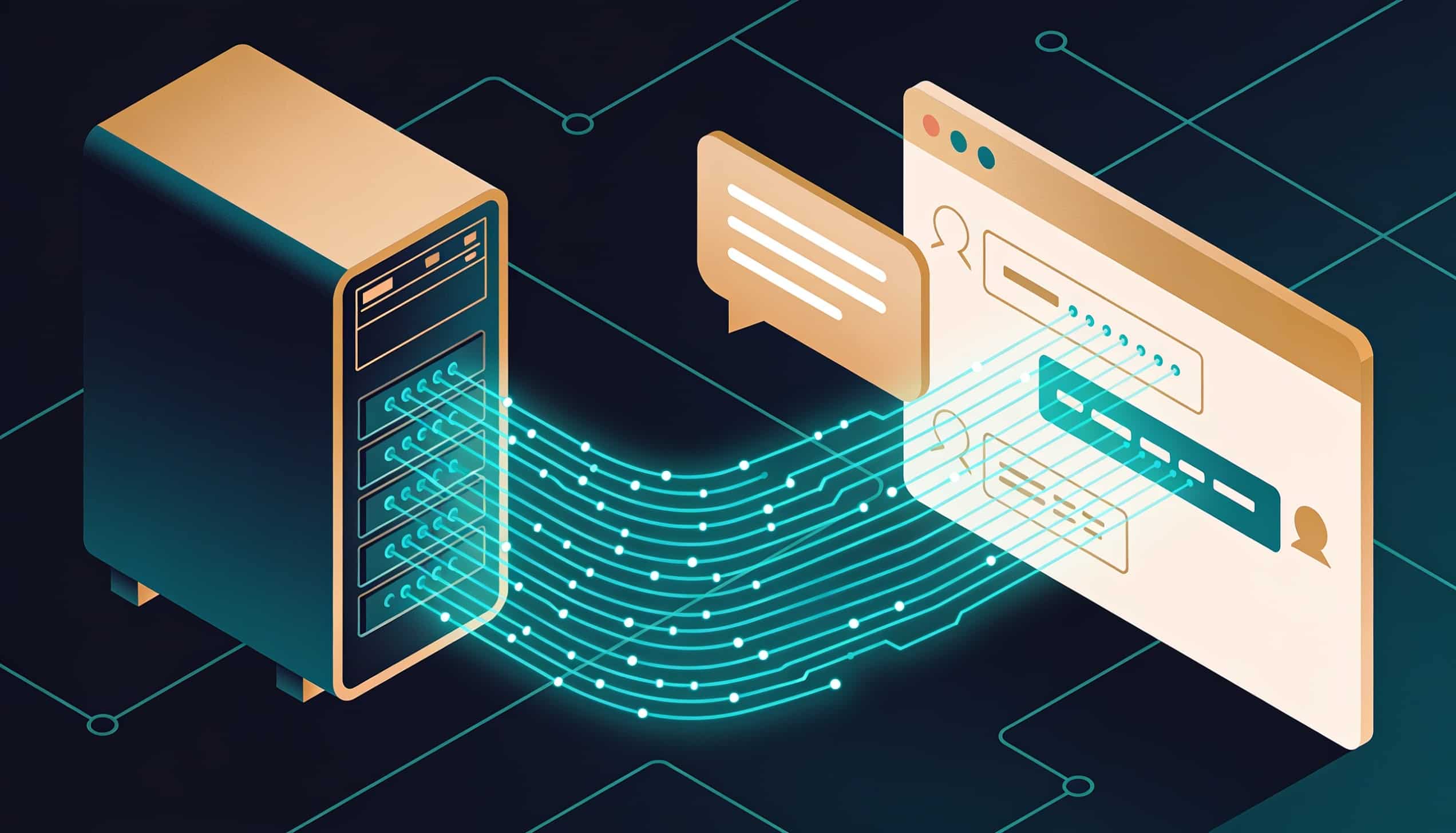 Illustration abstraite d'un serveur homelab connecté par des flux de données à une interface de chat, palette teal et ambre, représentant l'installation d'un LLM auto-hébergé avec Ollama et Open WebUI