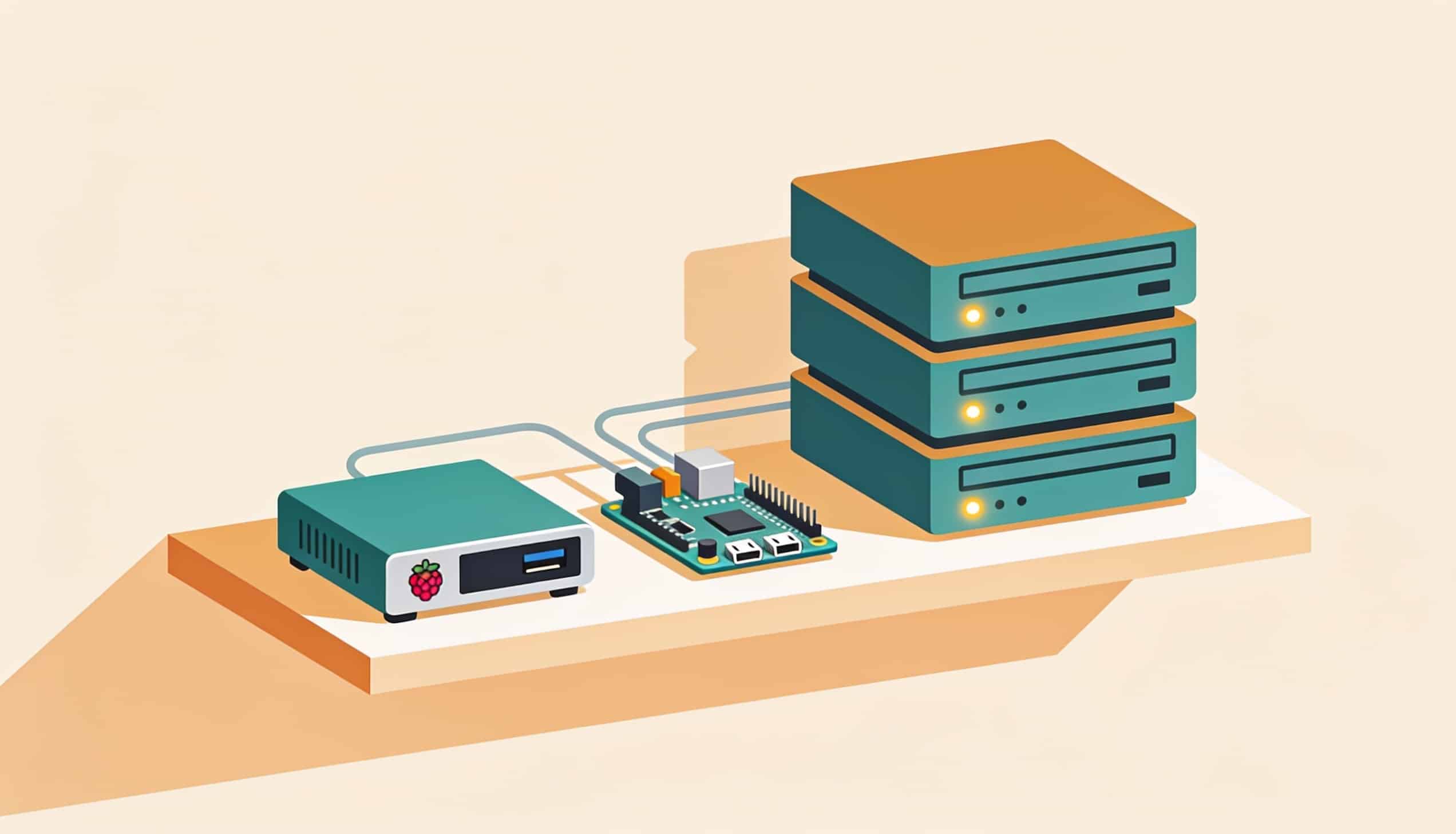 Illustration d'un homelab de débutant : mini PC, Raspberry Pi et petits serveurs connectés en réseau, en tons teal et ambre