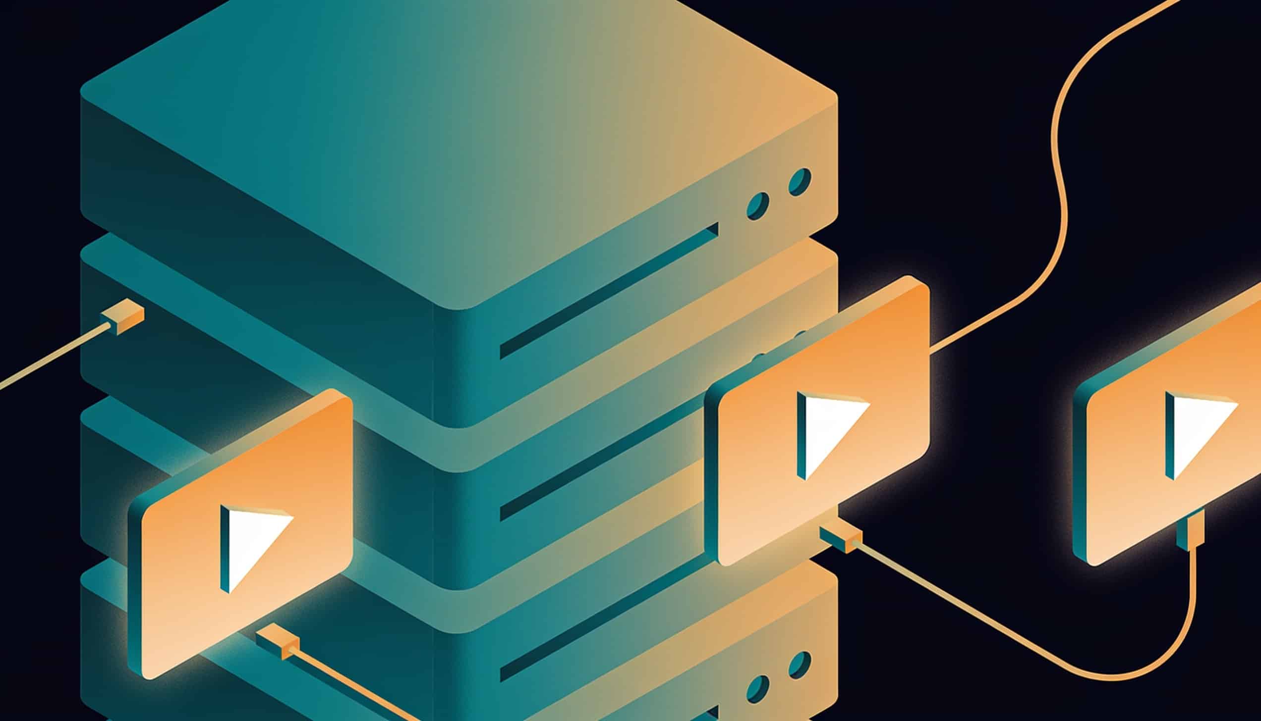 Illustration abstraite teal et ambre représentant un serveur multimédia Plex