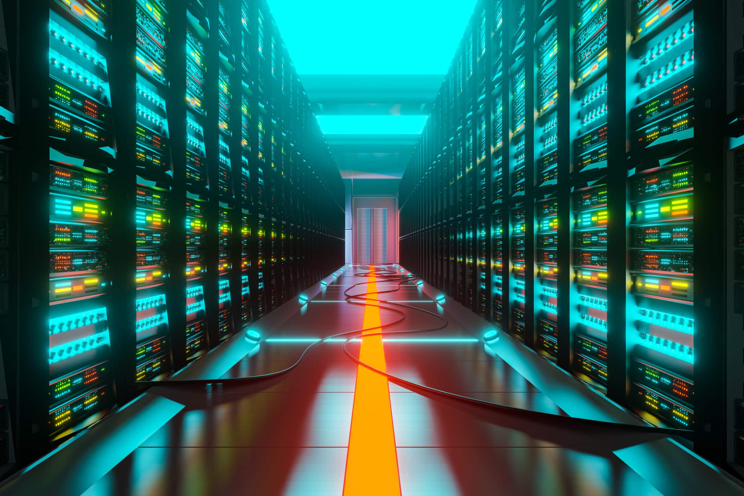 Data center corridor lined with server racks, illustrating container infrastructure managed by Portainer