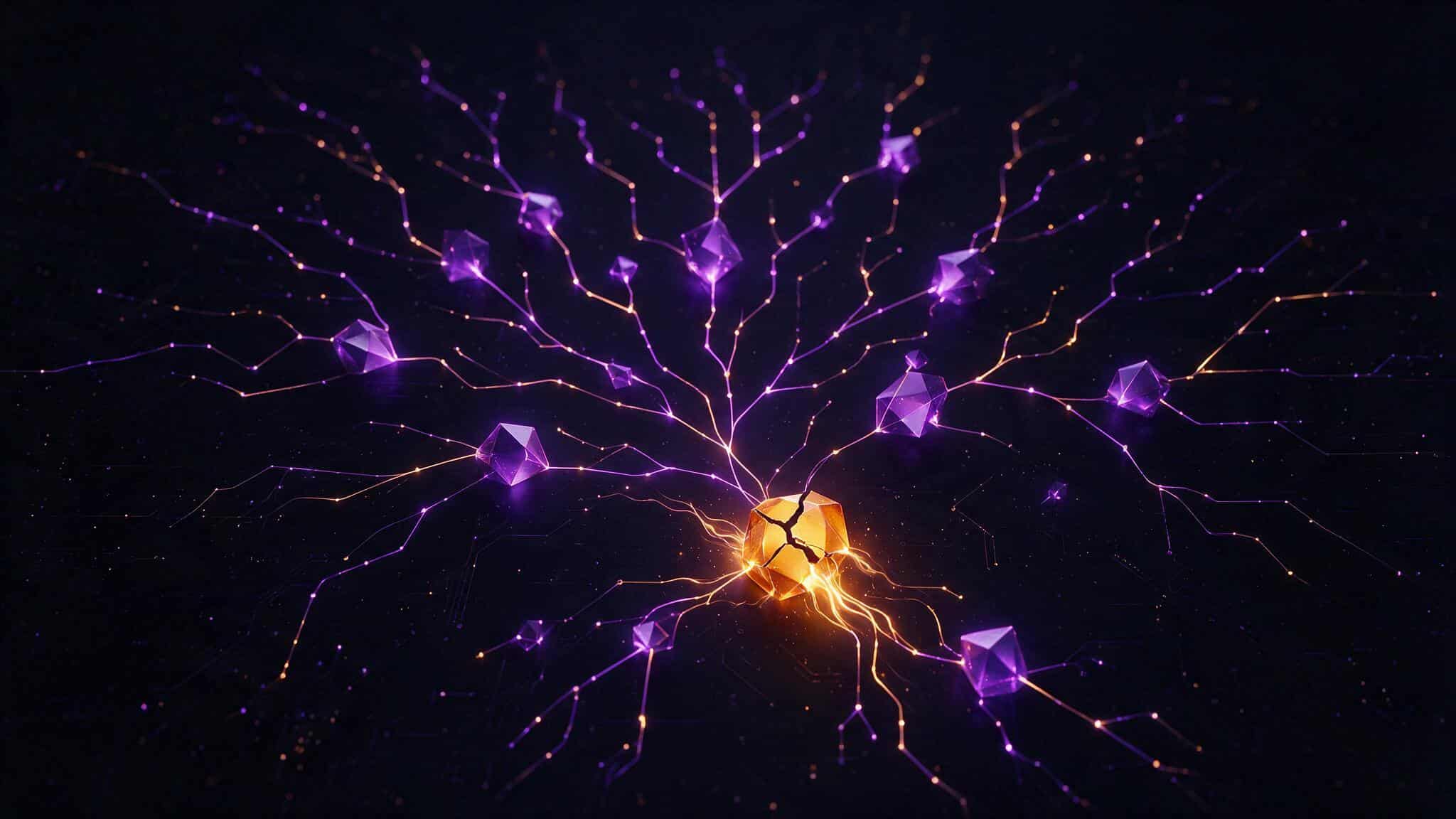 Abstract violet and amber illustration representing a critical security vulnerability in a code repository