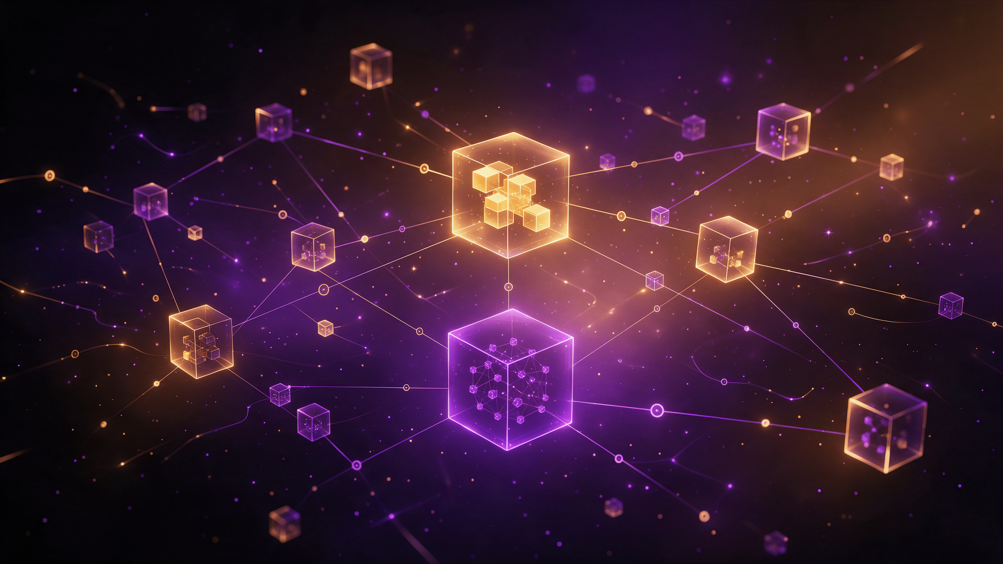 Abstract purple and amber illustration of interconnected nodes representing Docker containers and Kubernetes clusters