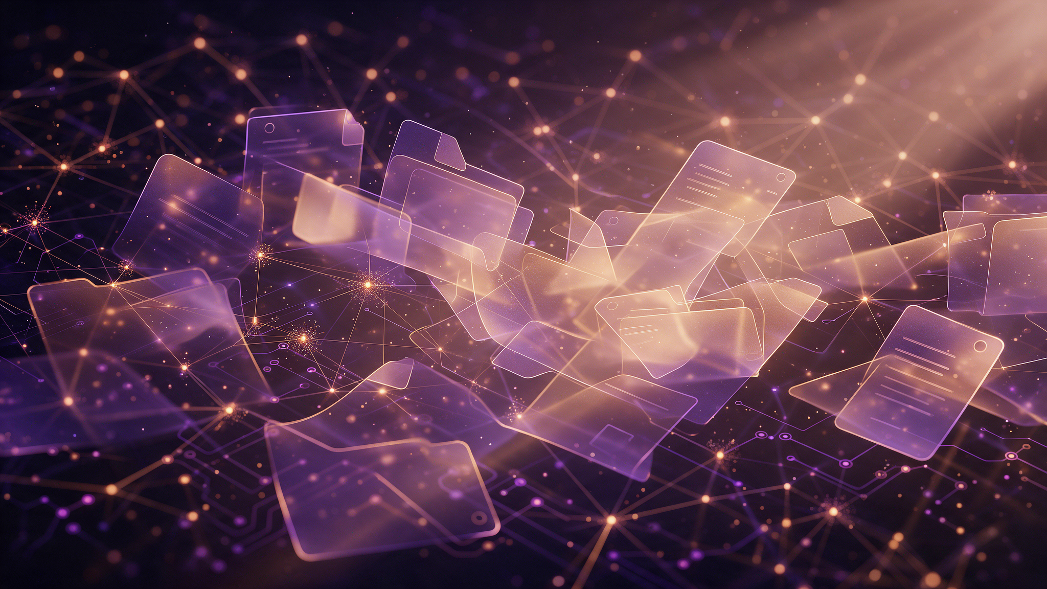 Abstract purple and amber illustration representing document search and digital archiving