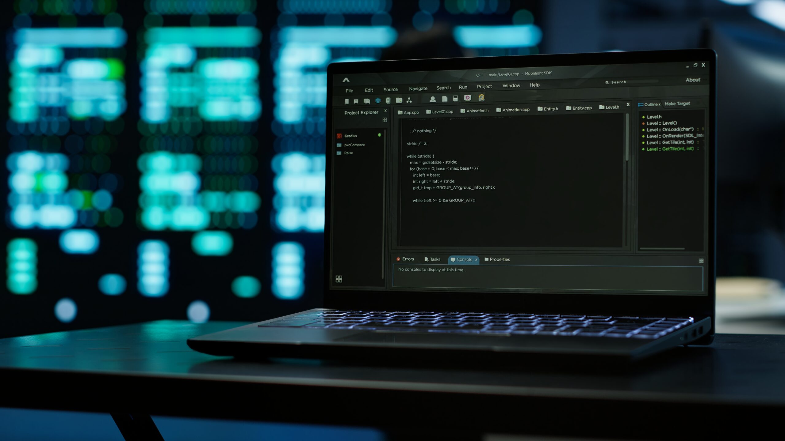 Close-up of source code running on a laptop screen in a data center